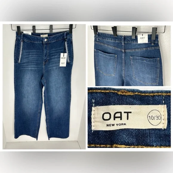OAT NEW YORK NWT High Rise Wide Leg Jeans 10/30 Rhinestone Pocket Raw Hem - Picture 1 of 16